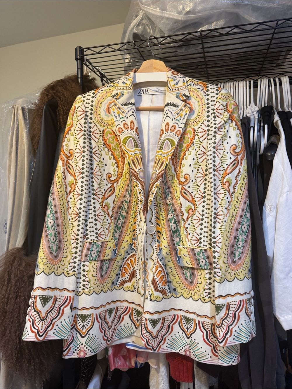 Zara White Paisley-Print Tailored Blazer with Multi-Color Accents
